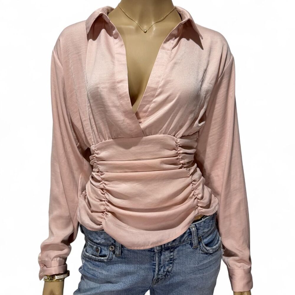 Venus Pink Satin Ruched Blouse Womens Size 8 Medium Silky Deep V Neck Top Office